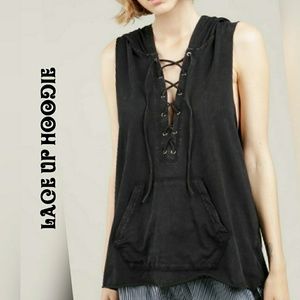 POL Sleeveless Lace Up Mineral Wash Hoodie